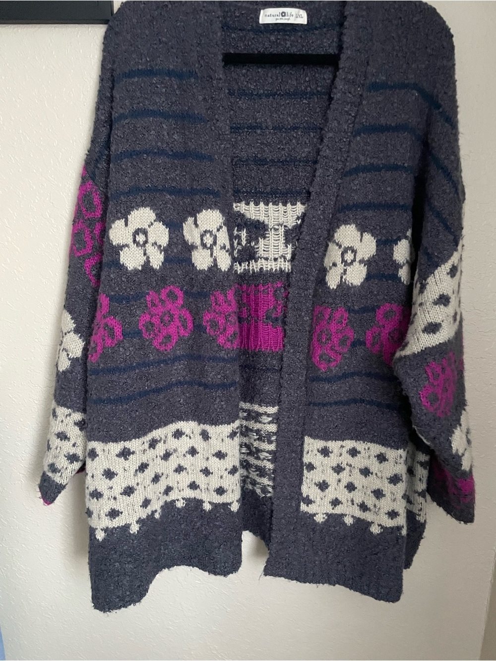 Natural Life Calla Jacquard Cardigan Sweater Size L/XL Charcoal Flower Boho Fun - Picture 8 of 11